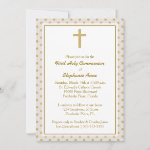 Communion Beige with Gold Polka Dots Invitation