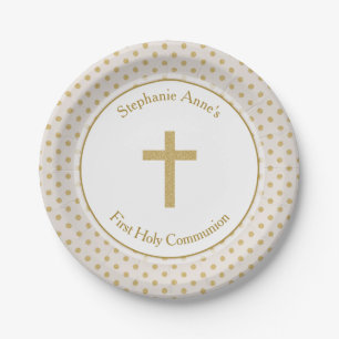 Communion Beige with Gold Polka Dots Paper Plate