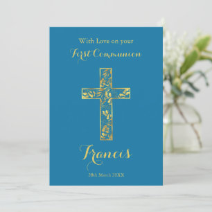 Communion blue gold cross boys card