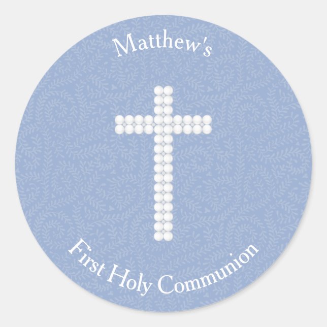 Communion Blue Vines and Stripes Classic Round Sticker (Front)