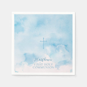 Communion Blue Watercolor Leaves and Cross Napkin