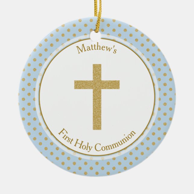 Communion Blue with Gold Polka Dots Ceramic Tree Decoration (Front)