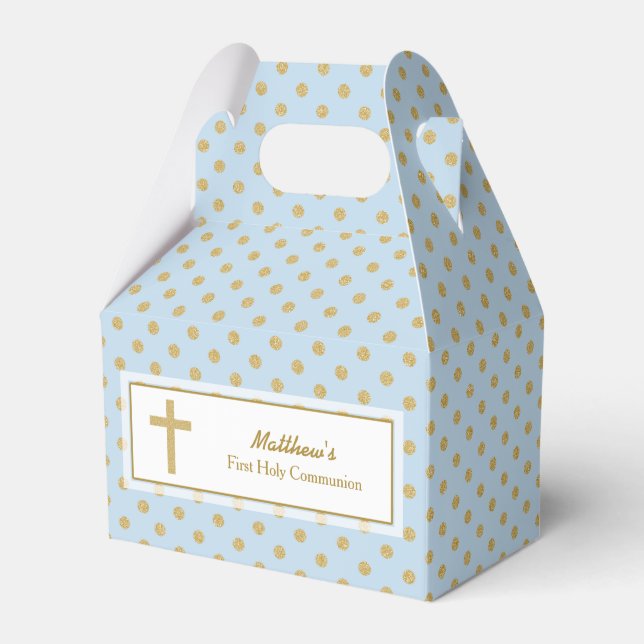 Communion Blue with Gold Polka Dots Favour Box (Front Side)