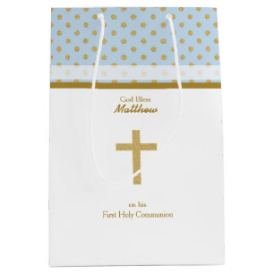 Communion Blue with Gold Polka Dots Medium Gift Bag