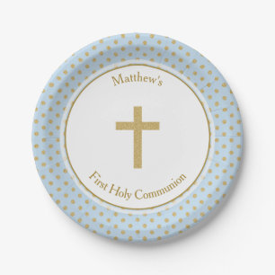 Communion Blue with Gold Polka Dots Paper Plate