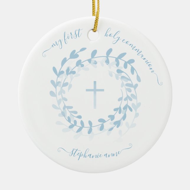 Communion Blue Wreath and Cross Ceramic Tree Decoration (Front)