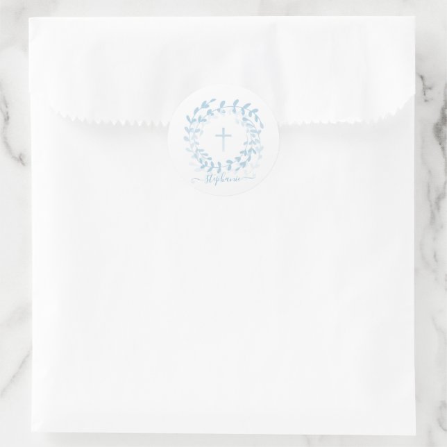 Communion Blue Wreath and Cross Classic Round Sticker (Bag)