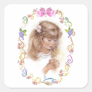 Communion, confirmation girl with flowers square sticker