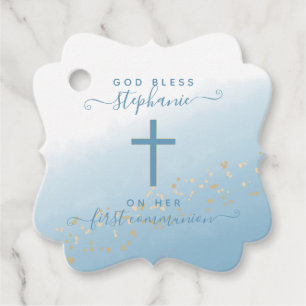 Communion Cross Blue Watercolor Favour Tags