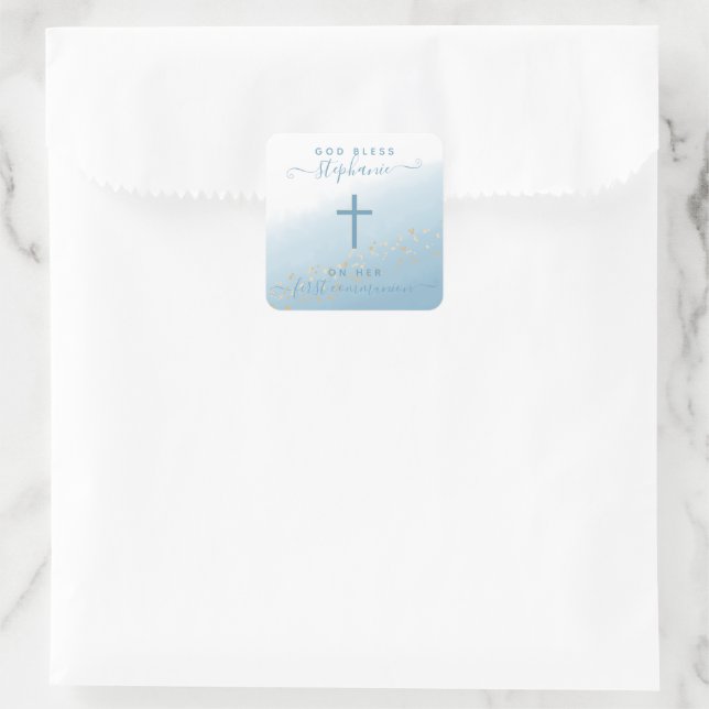 Communion Cross Blue Watercolor Square Sticker (Bag)