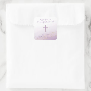 Communion Cross Lavender Watercolor Square Sticker