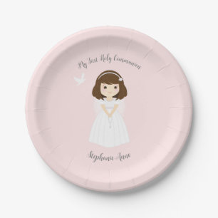 Communion Dove Brunette Girl Paper Plate