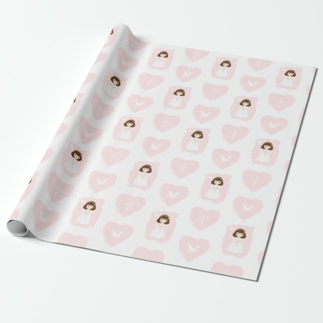 Communion Dove Brunette Girl Wrapping Paper (Unrolled)