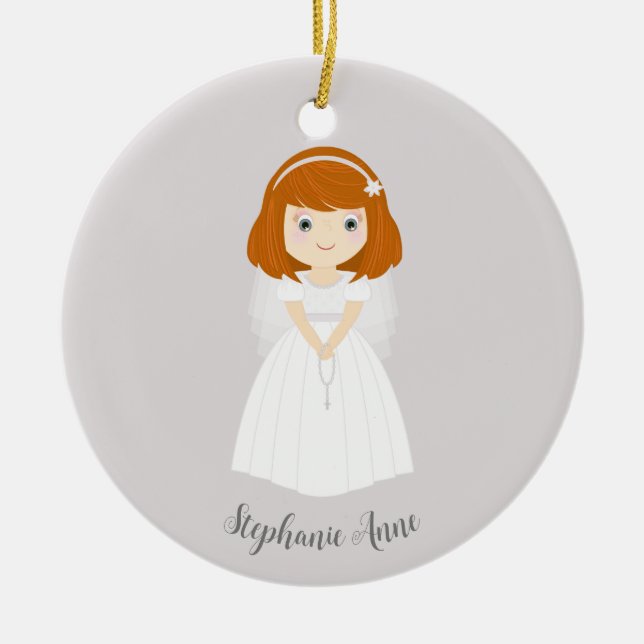 Communion Dove Redhead Girl Ceramic Tree Decoration (Front)