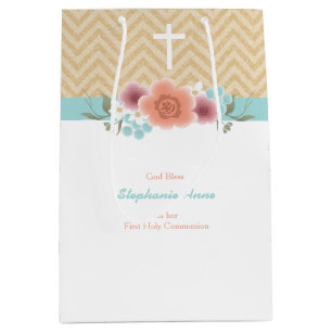 Communion Floral Swag in Gold and Aqua Medium Gift Bag