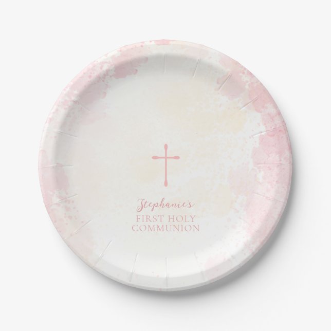 Communion Flowers Pink Watercolors Paper Plate (Front)