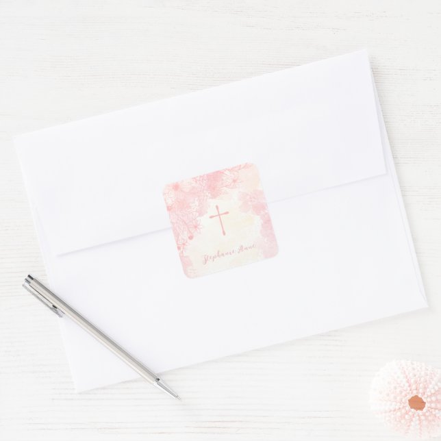 Communion Flowers Pink Watercolors Square Sticker (Envelope)