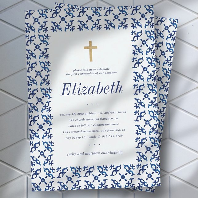 Communion For Her Blue Mediterranean Tiles Invitation (Creator Uploaded)