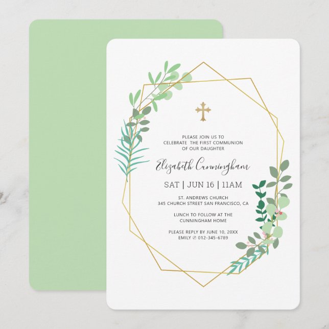 Communion For Her Geometric Foliage Gold Cross Invitation (Front/Back)