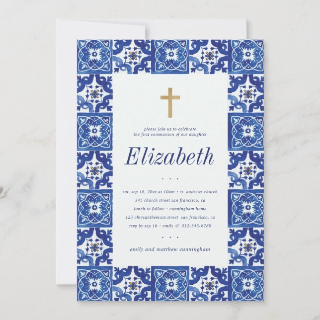 Communion For Her Mediterranean Tiles Invitation (Front)