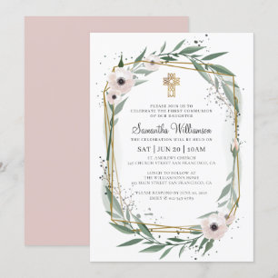 Communion For Her Modern Geometric Floral Cross Invitation