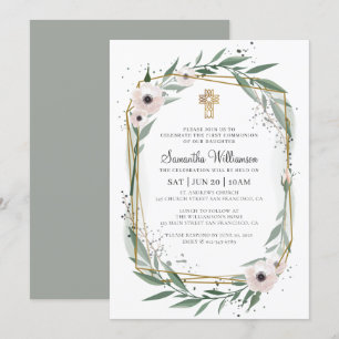 Communion For Her Modern Geometric Floral Cross Invitation