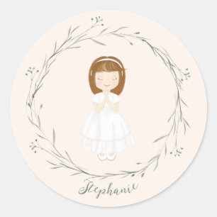Communion Girl Praying Classic Round Sticker