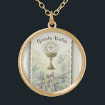 Communion Host Lavender Flowers  Chalice Gold Plated Necklace<br><div class="desc">This is a beautiful traditional Catholic image of the Sacred Host (Communion) above the chalice with lavender flowers.  Text and fonts may be modified</div>