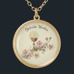 Communion Host Pink Flowers  Chalice Lace Gold Plated Necklace<br><div class="desc">This is a beautiful traditional Catholic image of the Sacred Host (Communion) above the chalice with pink flowers and a lace background.  Text and fonts may be modified</div>
