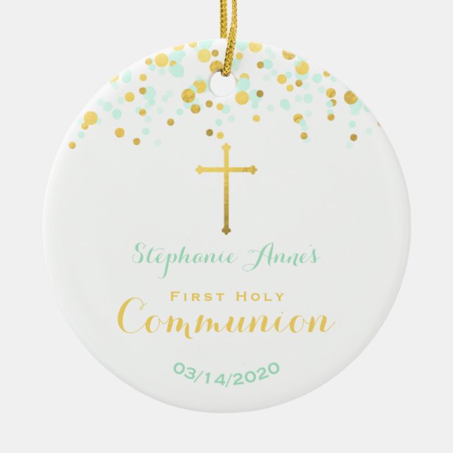 Communion Mint and Gold Confetti Ceramic Tree Decoration (Front)
