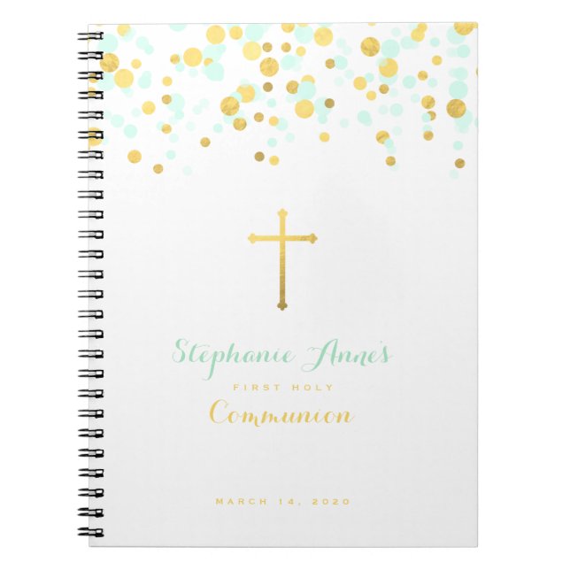 Communion Mint and Gold Confetti Notebook (Front)