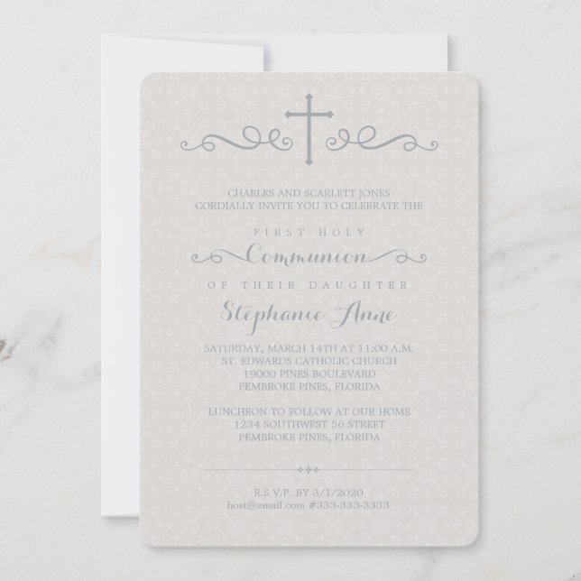 Communion Ornate Cross in Taupe Floral Pattern Invitation (Front)