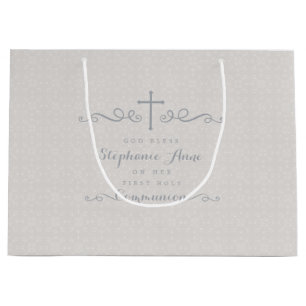 Communion Ornate Cross in Taupe Floral Pattern Large Gift Bag