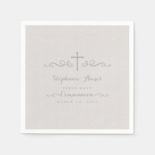 Communion Ornate Cross in Taupe Floral Pattern Napkin
