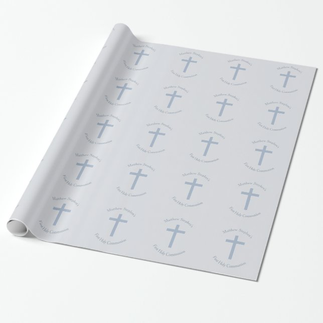 Communion Pastel Blue Cross Wrapping Paper (Unrolled)