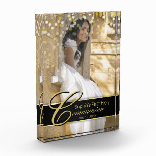 Communion Photo Elegant Gold Typography Glitter Block