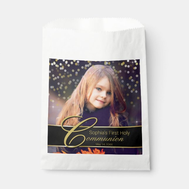 Communion Photo Elegant Gold Typography Glitter Favour Bags (Front)