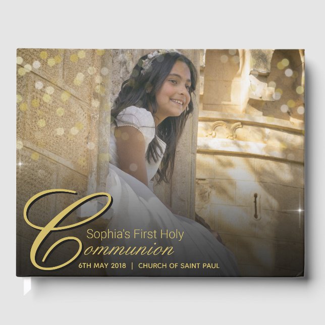 Communion Photo Elegant Gold Typography Glitter Guest Book (Front)