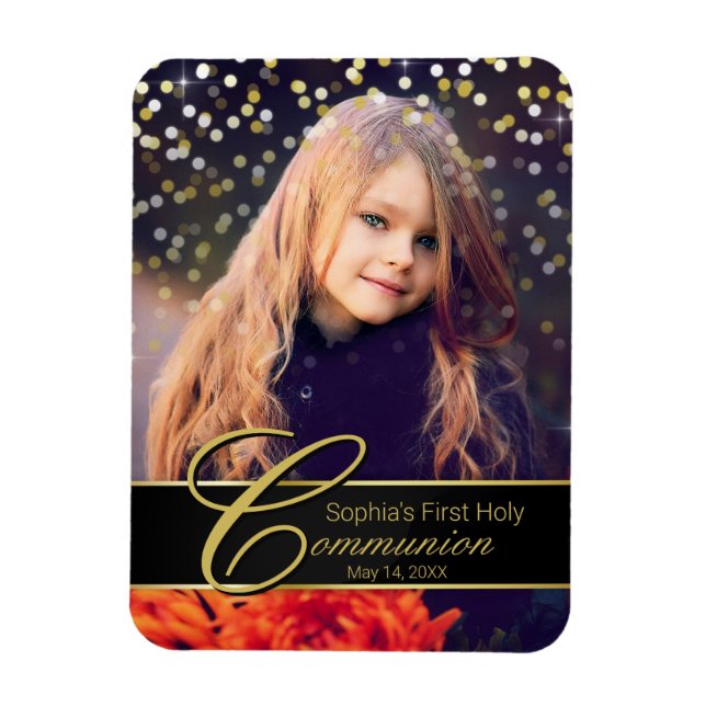 Communion Photo Elegant Gold Typography Glitter Magnet (Vertical)