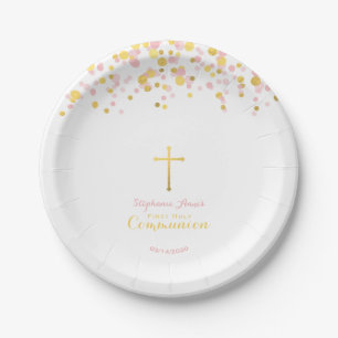 Communion Pink and Gold Confetti Paper Plate
