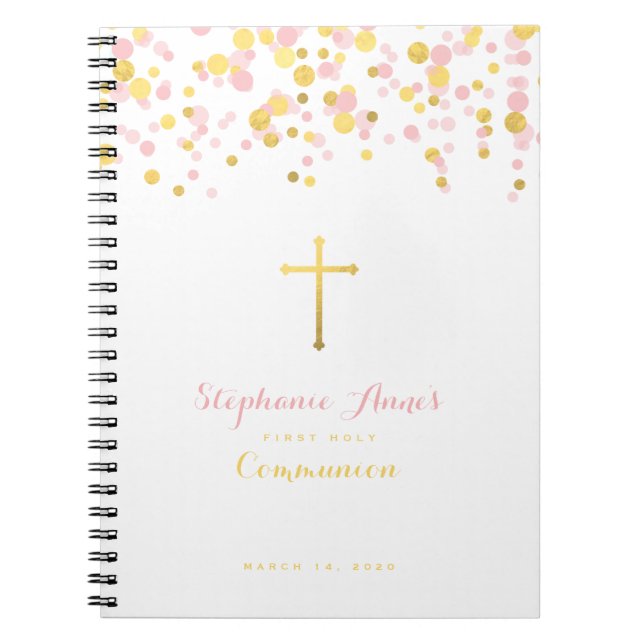 Communion Pink and Gold Confetti Spiral Notebook (Front)