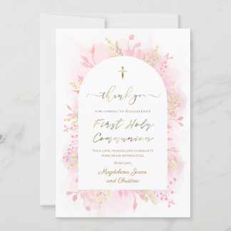 Communion pink watercolor foliage thank you card