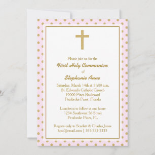 Communion Pink with Gold Polka Dots Invitation