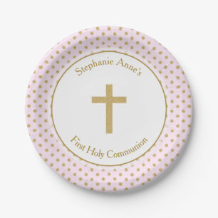 Communion Pink with Gold Polka Dots Paper Plate