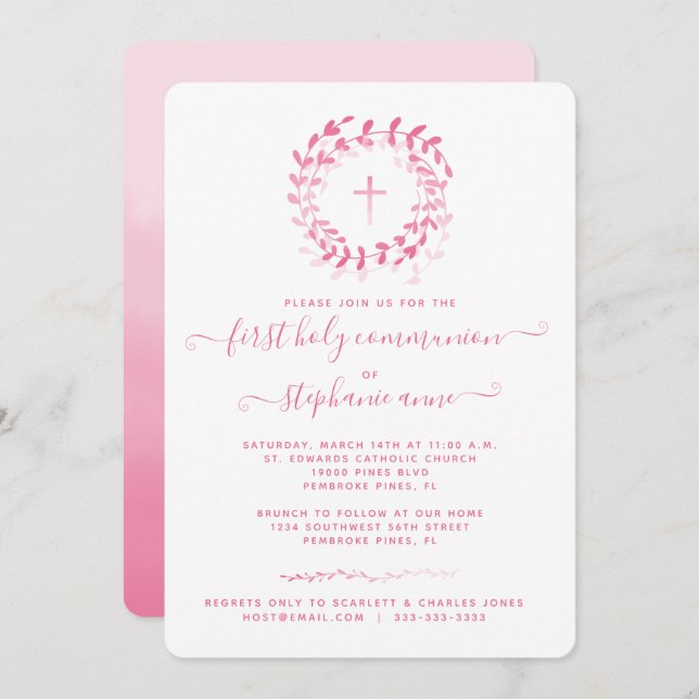 Communion Pink Wreath and Cross Invitation (Front/Back)