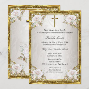 Communion Rose Gold Beige Pearl Damask Cross Invitation