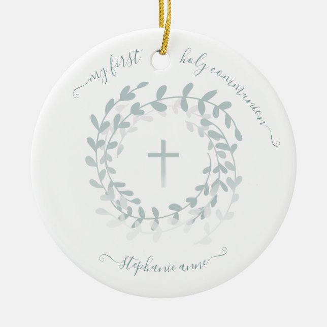 Communion Sage Wreath and Cross Ceramic Tree Decoration (Front)