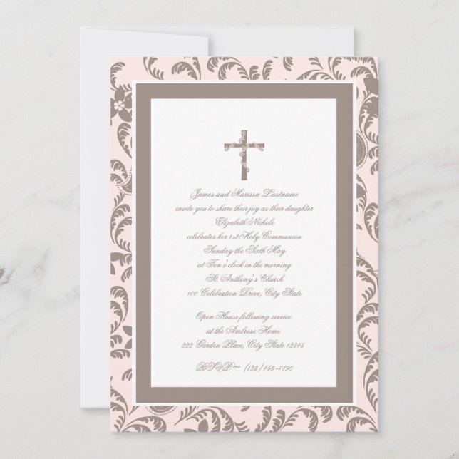 Communion Soft Pink and Brown Paisley Invitation (Front)