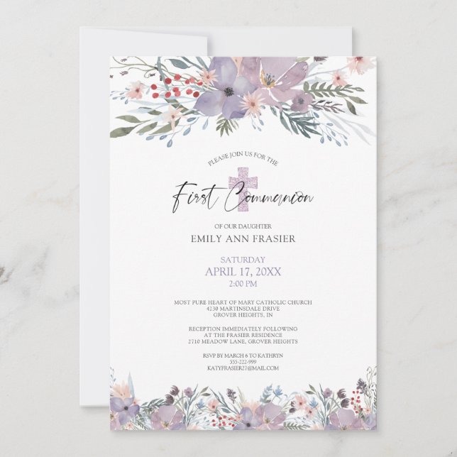 Communion Watercolor Floral Wildflowers Purple Invitation (Front)