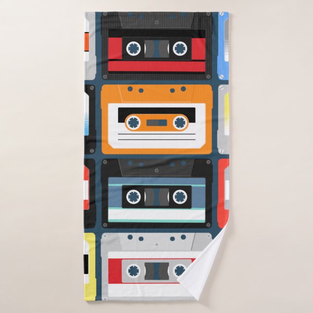 Compact cassettes. Set. Vintage illustration flat  Bath Towel (Bath Towel)